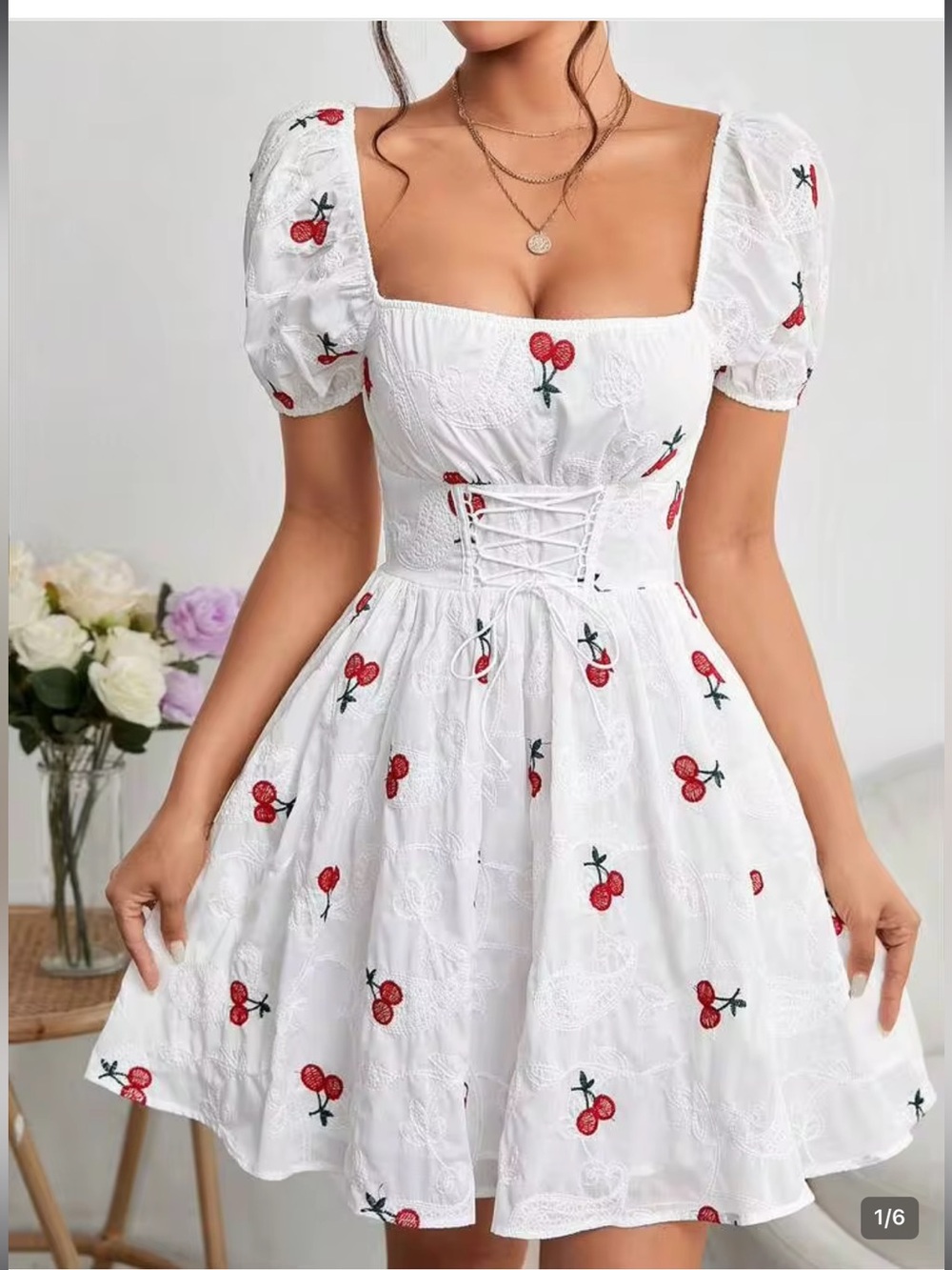 SHEIN Cherry Printed Ruched Bust Puff Sleeve Milk Maid Dress White SZ Medium NEW